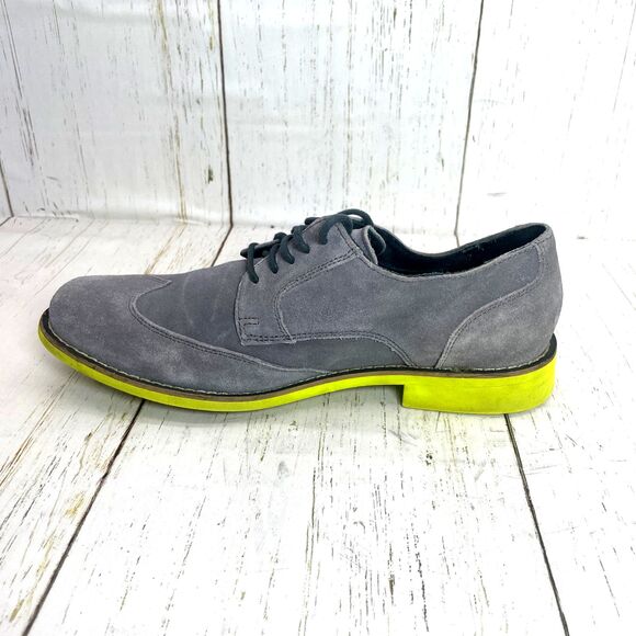 Cole Haan Mens Suede Bright Yellow Sole Wingtip Oxford Dress Shoes Gray Size 8.5